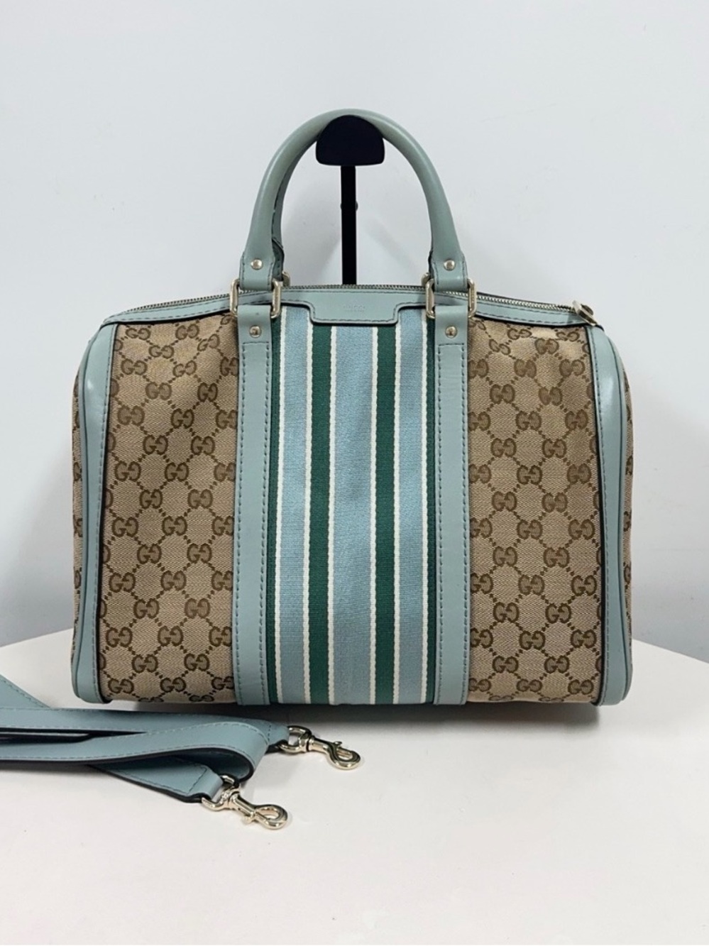 Authentic Gucci Boston Web Canvas Stripe GG blue/green